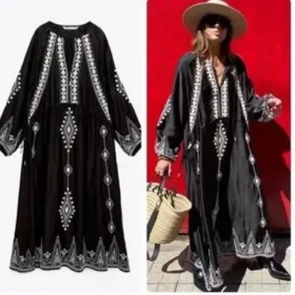 New With Tags!  ZARA  Black Maxi/Boho Dress with Cream Embroidery, Size M (NWT) - Picture 3 of 14